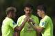 TERESOPOLIS, BRAZIL - JUNE 26: Neymar (L) gestures with a Fred (C) and Oscar during a training session of the Brazilian national football team at the squad's Granja Comary training complex, on June 26, 2014 in Teresopolis, 90 km from downtown Rio de Janei