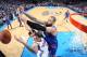 OKLAHOMA CITY, OK - FEBRUARY 9: Tyson Chandler #6 of the New York Knicks blocks a shot against Nick Collison #4 of the Oklahoma City Thunder on February 9, 2014 at the Chesapeake Energy Arena in Oklahoma City, Oklahoma. NOTE TO USER: User expressly acknow