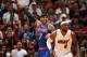 MIAMI, FL - APRIL 6: LeBron James #6 of the Miami Heat defends Carmelo Anthony #7 of the New York Knicks as he calls for the ball during a game on April 6, 2014 at American Airlines Arena in Miami, Florida. NOTE TO USER: User expressly acknowledges and a