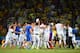 FORTALEZA, BRAZIL - JUNE 24: Greece celebrate after defeating the Ivory Coast 2-1 during the 2014 FIFA World Cup Brazil Group C match between Greece and the Ivory Coast at Castelao on June 24, 2014 in Fortaleza, Brazil. (Photo by Laurence Griffiths/Gett