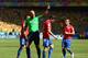 BELO HORIZONTE, BRAZIL - JUNE 28: Eugenio Mena of Chile is shown a yellow card by referee Howard Webb during the 2014 FIFA World Cup Brazil round of 16 match between Brazil and Chile at Estadio Mineirao on June 28, 2014 in Belo Horizonte, Brazil. (Photo