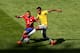 BELO HORIZONTE, BRAZIL - JUNE 28: Arturo Vidal of Chile and Luiz Gustavo of Brazil compete for the ball during the 2014 FIFA World Cup Brazil round of 16 match between Brazil and Chile at Estadio Mineirao on June 28, 2014 in Belo Horizonte, Brazil. (Pho