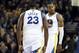 Feb 6, 2014; Oakland, CA, USA; Golden State Warriors small forward Andre Iguodala (9) celebrates with small forward Draymond Green (23) after Green's dunk against the Chicago Bulls during the third quarter at Oracle Arena. The Golden State Warriors defeat