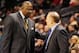 Jan 25, 2014; Charlotte, NC, USA; Charlotte Bobcats assistant coach Patrick Ewing (left) talks with Chicago Bulls head coach Tom Thibodeau (right) before the game at Time Warner Cable Arena. Mandatory Credit: Sam Sharpe-USA TODAY Sports