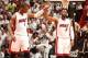 MIAMI, FL - MAY 6: Chris Bosh #1 and Dwyane Wade #3 of the Miami Heat celebrates in Game One of the Eastern Conference Semi-Finals against the Brooklyn Nets during the 2014 NBA Playoffs at American Airlines Arena on May 6, 2014 in Miami, Florida. NOTE TO