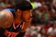 MIAMI, FL - April 6: Carmelo Anthony #7 of the New York Knicks looks on while on the court during the game against the Miami Heat at the American Airlines Arena in Miami, Florida on April 6, 2014. NOTE TO USER: User expressly acknowledges and agrees that,