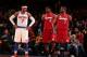 NEW YORK, NY - MARCH 3: Carmelo Anthony #7 of the New York Knicks stands with LeBron James #6 and Dwyane Wade #3 of the Miami Heat on March 3, 2013 at Madison Square Garden in New York City. NOTE TO USER: User expressly acknowledges and agrees that, by