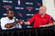 ATLANTA, GA - JULY 10: General Manager Danny Ferry of the Atlanta Hawks shakes hands with Paul Millsap who is introduced as the newest member of the Atlanta Hawks during a press conference on July 10, 2013 at Philips Arena in Atlanta, Georgia. NOTE TO US