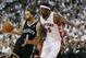 Apr 30, 2014; Toronto, Ontario, CAN; Toronto Raptors guard-forward John Salmons (25) defends against Brooklyn Nets guard Deron Williams (8) in game five of the first round of the 2014 NBA Playoffs at the Air Canada Centre. Toronto defeated Brooklyn 115-11