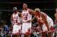 CHICAGO - MAY 20: (L to R) Michael Jordan #23, Scottie Pippen #33 and Dennis Rodman #91of the Chicago Bulls look on during a break in game action during the NBA Eastern Conference Finals against the Miami Heat at the United Center on May 20, 1997 in Chic