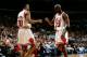 CHICAGO - MAY 3: Michael Jordan #23 and Scottie Pippen #33 of the Chicago Bulls celebrate during game one of round two of the 1998 NBA Playoffs against the Charlotte Hornets at Chicago Stadium on May 3, 1998 in Chicago, Illinois. NOTE TO USER: User exp