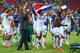 RECIFE, BRAZIL - JUNE 29: Yeltsin Tejeda of Costa Rica celebrates with teammates defeating Greece in a penalty shootout during the 2014 FIFA World Cup Brazil Round of 16 match between Costa Rica and Greece at Arena Pernambuco on June 29, 2014 in Recife,