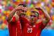 MANAUS, BRAZIL - JUNE 25: Xherdan Shaqiri (R) celebrates scoring his team's second goal with Josip Drmic of Switzerland during the 2014 FIFA World Cup Brazil Group E match between Honduras and Switzerland at Arena Amazonia on June 25, 2014 in Manaus, Bra