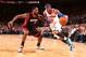 NEW YORK, NY - JANUARY 9: Carmelo Anthony #7 of the New York Knicks drives to the basket against LeBron James #6 of the Miami Heat during a game at Madison Square Garden in New York City on January 9, 2014. NOTE TO USER: User expressly acknowledges and a