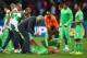 PORTO ALEGRE, BRAZIL - JUNE 30: Head coach Vahid Halilhodzic of Algeria speaks to Sofiane Feghouli as he lies on the ground prior to the start of extra time during the 2014 FIFA World Cup Brazil Round of 16 match between Germany and Algeria at Estadio Be