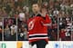 Apr 13, 2014; Newark, NJ, USA; New Jersey Devils goalie Martin Brodeur (30) is honored by fans after his 3-2 win over the Boston Bruins at Prudential Center. Mandatory Credit: Ed Mulholland-USA TODAY Sports