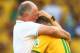 BELO HORIZONTE, BRAZIL - JUNE 28: Head coach Luiz Felipe Scolari of Brazil celebrates with Neymar after defeating Chile in a penalty shootout during the 2014 FIFA World Cup Brazil round of 16 match between Brazil and Chile at Estadio Mineirao on June 28,
