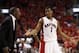 May 4, 2014; Toronto, Ontario, CAN; Toronto Raptors head coach Dwane Casey and Toronto Raptors guard Kyle Lowry (7) reacts after a call in game seven of the first round of the 2014 NBA Playoffs against the Brooklyn Nets at the Air Canada Centre. Brooklyn