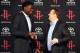 HOUSTON - June 30: Houston Rockets GM Daryl Morey shakes hands with the Rockets draft pick Clint Capela #15 during a press conference in Houston, Texas. NOTE TO USER: User expressly acknowledges and agrees that, by downloading and or using this photograp