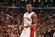 TORONTO,ON - APRIL 11: Kyle Lowry #7 of the Toronto Raptors celebartes against the New York Knicks at the Air Canada Centre on April 11, 2014 in Toronto, Ontario, Canada. NOTE TO USER: User expressly acknowledges and agrees that, by downloading and/or us