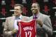 HOUSTON - JULY 13: Houston Rocktes head coach Kevin McHale (L) and Dwight Howard hold up his new jersey during a press conference on July 13, 2013 in Houston, Texas. (Photo by Bob Levey/Getty Images)