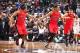 BROOKLYN, NY - APRIL 27: Kyle Lowry #7 and DeMar DeRozan #10 of the Toronto Raptors shake hands against the Brooklyn Nets during Game Four of the Eastern Conference Quarterfinals at Barclays Center in Brooklyn. NOTE TO USER: User expressly acknowledges