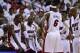 Jun 12, 2014; Miami, FL, USA; Miami Heat forward LeBron James (6) talks with center Chris Bosh (1), guard Dwyane Wade (3), guard Norris Cole (30) and guard Ray Allen (34) during the second quarter of game four of the 2014 NBA Finals against the San Anton