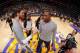 LOS ANGELES, CA - MARCH 9: Kevin Durant #35 of the Oklahoma City Thunder greets Pau Gasol #16 of the Los Angeles Lakers before the game at STAPLES Center on March 9, 2014 in Los Angeles, California. NOTE TO USER: User expressly acknowledges and agrees tha