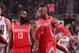 PORTLAND, OR - MAY 2: James Harden #13 and Dwight Howard #12 of the Houston Rockets walk up court in Game Six of the Western Conference Quarterfinals against the Portland Trail Blazers during the 2014 NBA Playoffs on May 2, 2014 at the Moda Center in Por