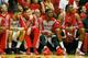 HOUSTON, TX - APRIL 23: (L-R) Omri Casspi #18, Donatas Motiejunas #20, Terrence Jones #6 and Dwight Howard #12 of the Houston Rockets sit on the bench against the Portland Trail Blazers during the second half of Game Two of the Western Conference Quarter