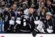 LOS ANGELES, CA - MAY 10: (R-L) Jonathan Quick #32, Matt Greene #2, Slava Voynov #26 and Jeff Schultz #55 of the Los Angeles Kings look on during the last minute in a 2-0 loss to the Anaheim Ducks in Game Four of the Second Round of the 2014 NHL Stanley C