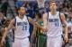 Feb 7, 2014; Dallas, TX, USA; Dallas Mavericks point guard Devin Harris (20) congratulates power forward Dirk Nowitzki (41) during the first half at American Airlines Center. The Mavericks won 103-81. Mandatory Credit: Jerome Miron-USA TODAY Sports
