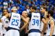 Apr 26, 2014; Dallas, TX, USA; Dallas Mavericks head coach Rick Carlisle speaks to Dallas Mavericks guard Vince Carter (25) and forward Brandan Wright (34) and guard Jose Calderon (far right) and forward Dirk Nowitzki (right) and Dallas Mavericks guard Mo