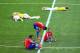 BELO HORIZONTE, BRAZIL - JUNE 28: Thiago Silva and Neymar of Brazil celebrate as Mauricio Isla, Charles Aranguiz and Marcelo Diaz of Chile look on after Brazil's win in a penalty shootout during the 2014 FIFA World Cup Brazil round of 16 match between Bra