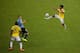 RIO DE JANEIRO, BRAZIL - JUNE 28: Juan Guillermo Cuadrado of Colombia controls the ball against Jose Gimenez of Uruguay during the 2014 FIFA World Cup Brazil round of 16 match between Colombia and Uruguay at Maracana on June 28, 2014 in Rio de Janeiro, Br