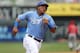 KANSAS CITY, MO - JUNE 29: Salvador Perez #13 of the Kansas City Royals advances to third on an Omar Infante double in the fourth inning against the Los Angeles Angels of Anaheim at Kauffman Stadium on June 29, 2014 in Kansas City, Missouri. (Photo by Ed
