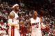 MIAMI, FL - MAY 14: LeBron James #6 and Mario Chalmers #15 of the Miami Heat talk in Game Five of the Eastern Conference Semifinals against the Brooklyn Nets during the 2014 NBA playoffs at American Airlines Arena in Miami, Florida on May 14, 2014. NOTE