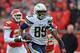 KANSAS CITY, MO - NOVEMBER 24: Tight end Ladarius Green #89 of the San Diego Chargers scores on a 60-yard touchdown pass against the Kansas City Chiefs during the second half on November 24, 2013 at Arrowhead Stadium in Kansas City, Missouri. San Diego