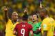 FORTALEZA, BRAZIL - JULY 04: Referee Carlos Velasco Carballo speaks to Maicon of Brazil and Teofilo Gutierrez of Colombia during the 2014 FIFA World Cup Brazil Quarter Final match between Brazil and Colombia at Castelao on July 4, 2014 in Fortaleza, Brazi