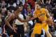 Jan 23, 2014; Miami, FL, USA; Los Angeles Lakers center Pau Gasol (16) is pressured by Miami Heat center Chris Bosh (1) during the second half at American Airlines Arena. Mandatory Credit: Steve Mitchell-USA TODAY Sports