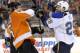 Mar 22, 2014; Philadelphia, PA, USA; St. Louis Blues center Steve Ott (29) battles for positions with Philadelphia Flyers defenseman Braydon Coburn (5) during the third period at Wells Fargo Center. The Flyers won 4-1. Mandatory Credit: Eric Hartline-USA