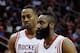 HOUSTON, TX - MARCH 01: Dwight Howard #12 and James Harden #13 of the Houston Rockets walk across the court during the game against the Detroit Pistons at the Toyota Center on March 1, 2014 in Houston, Texas. NOTE TO USER: User expressly acknowledges and