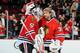 CHICAGO, IL - NOVEMBER 6: Goalies Corey Crawford #50 and Nikolai Khabibulin #39 of the Chicago Blackhawks celebrate after defeating the Winnipeg Jets during the NHL game on November 06, 2013 at the United Center in Chicago, Illinois. (Photo by Bill Smith/