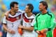 RIO DE JANEIRO, BRAZIL - JULY 04: (L-R) Mats Hummels, Miroslav Klose and Roman Weidenfeller of Germany celebrate a 1-0 victory over France in the 2014 FIFA World Cup Brazil Quarter Final match between France and Germany at Maracana on July 4, 2014 in Rio