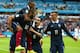 PORTO ALEGRE, BRAZIL - JUNE 15: Karim Benzema of France celebrates scoring the first goal with Patrice Evra, Mathieu Valbuena and Antoine Griezmann during the 2014 FIFA World Cup Brazil Group E match between France and Honduras at Estadio Beira-Rio on Ju