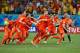 SALVADOR, BRAZIL - JULY 05: (L-R) Wesley Sneijder, Stefan de Vrij, Daley Blind, Jeremain Lens, Ron Vlaar, Dirk Kuyt, Robin van Persie and Arjen Robben of the Netherlands celebrate after defeating Costa Rica in a penalty shootout during the 2014 FIFA World