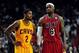 Feb 24, 2013; Miami, FL, USA; Cleveland Cavaliers point guard Kyrie Irving (2) and Miami Heat small forward LeBron James (6) during the second half at the American Airlines Arena. MIami won 109-105. Mandatory Credit: Steve Mitchell-USA TODAY Sports