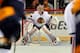 NASHVILLE, TN - NOVEMBER 16: Goalie Nikolai Khabibulin #39 of the Chicago Blackhawks warms up prior to a game against the Nashville Predators at Bridgestone Arena on November 16, 2013 in Nashville, Tennessee. (Photo by Frederick Breedon/Getty Images)