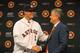 HOUSTON, TX - JUNE 19: Houston Astros general manager Jeff Luhnow (R) introduces first overall draft pick Mark Appel to the media after signingAppel to the team prior to the start of the game between the Milwaukee Brewers and the Houston Astros at Minute
