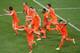 SALVADOR, BRAZIL - JULY 05: Daley Blind, Wesley Sneijder, Stefan de Vrij, Arjen Robben, Ron Vlaar, Jeremain Lens, Klaas-Jan Huntelaar and Robin van Persie of the Netherlands celebrate after defeating Costa Rica in a penalty shootout during the 2014 FIFA